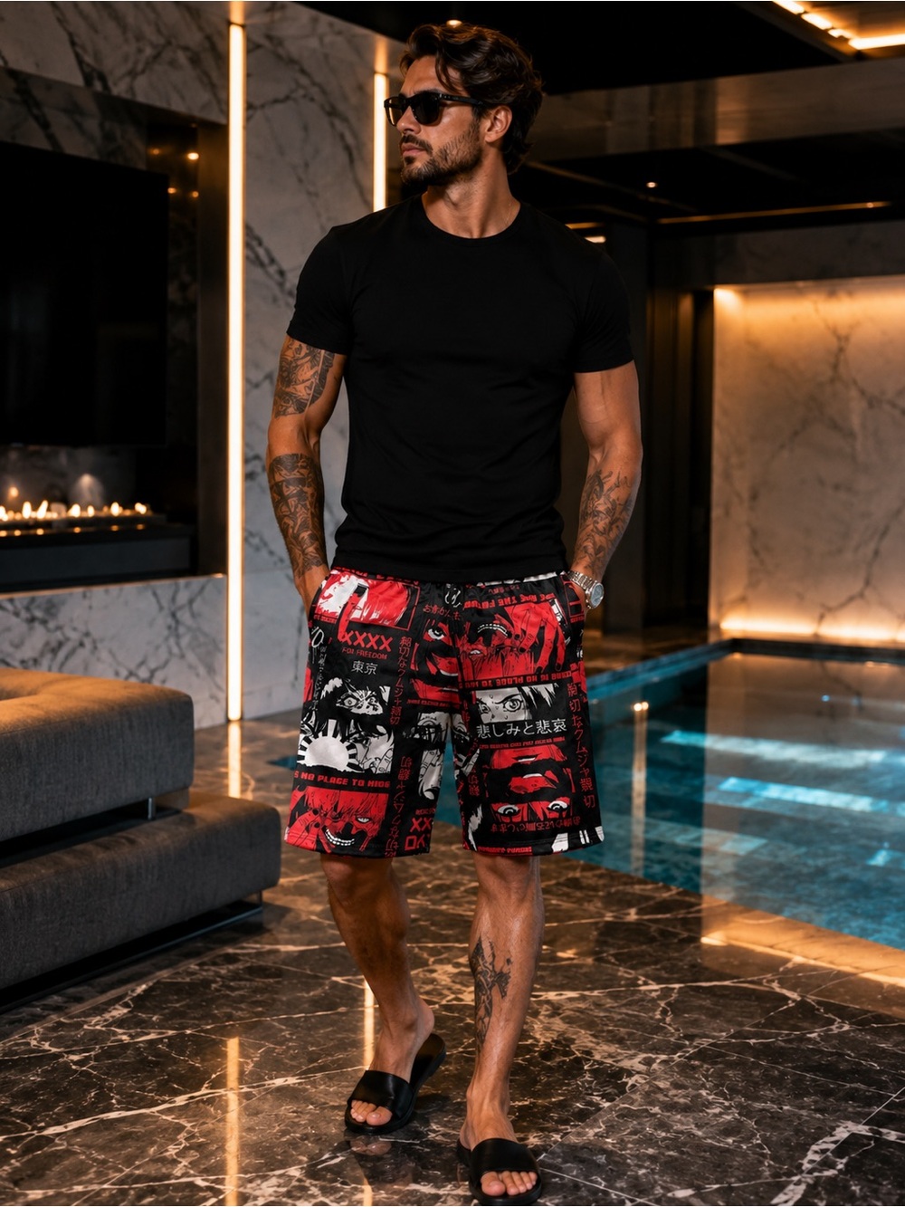 NWT Fresh Prints of Tokyo Men’s M Red Black Manga Graphic Swim Shorts